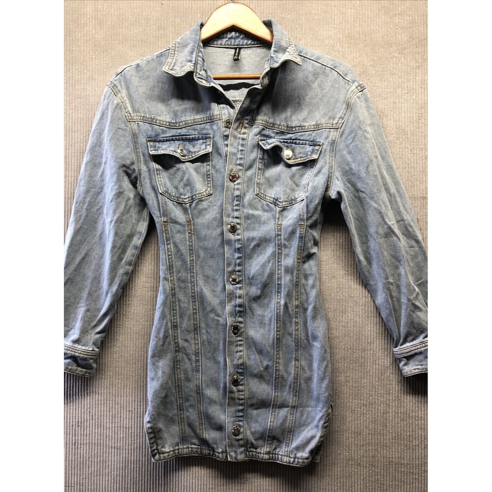 PrettyLittleThing Denim Mini Shirt Dress Size 0 Y2K Stonewash Indie Sleaze